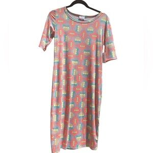 NWT LuLaRoe Julia T-shirt Dress,‎ green/yellow/orange, size small